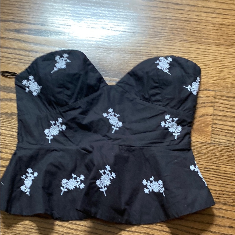 Zara Black Strapless Top with White Embroidery